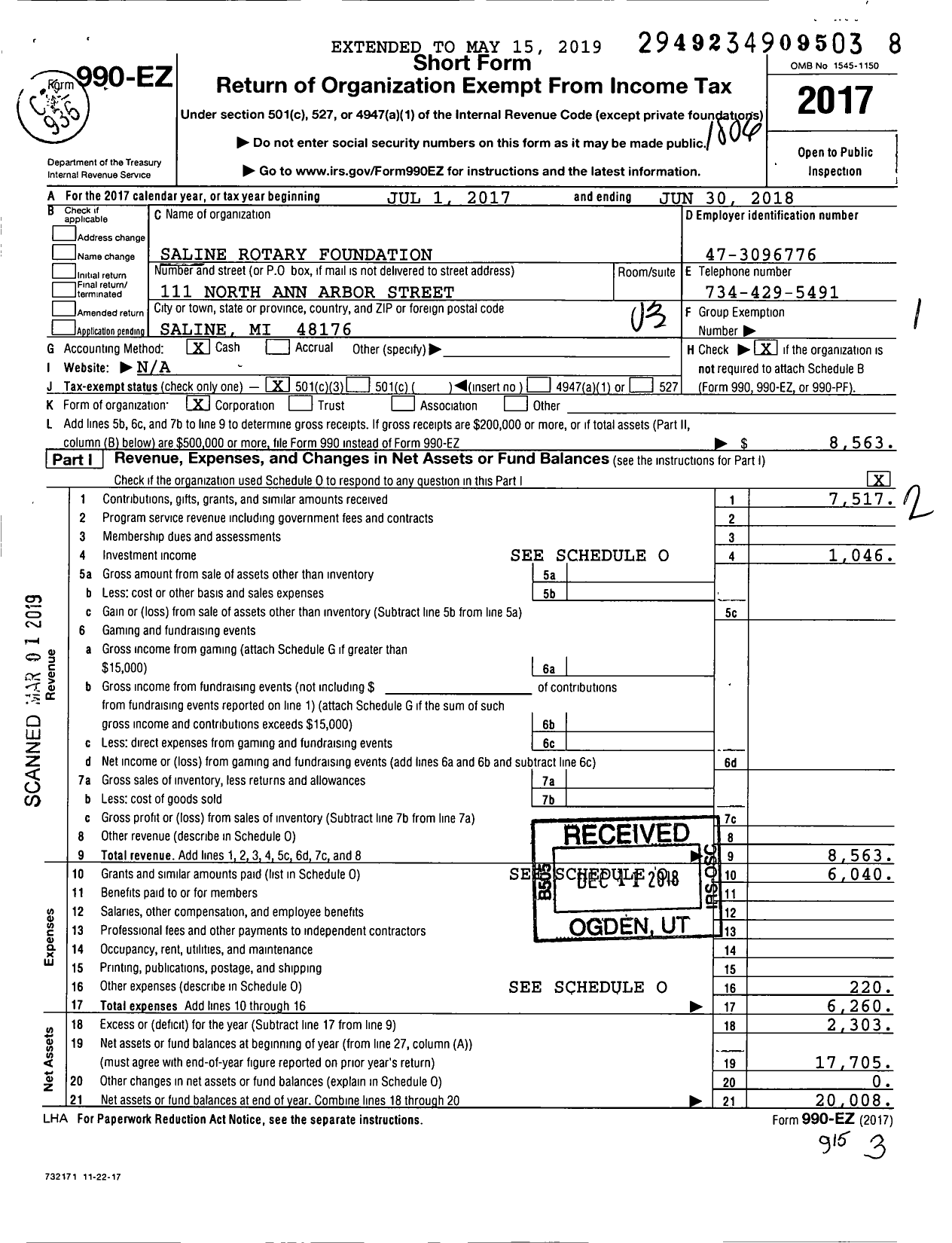 Image of first page of 2017 Form 990EZ for Saline Rotary Foundation