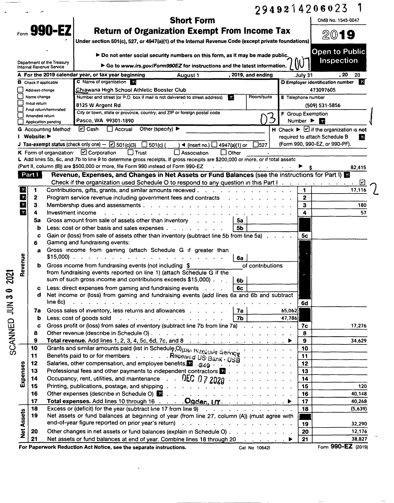 Image of first page of 2019 Form 990EZ for Chiawana High School Athletic Booster Club