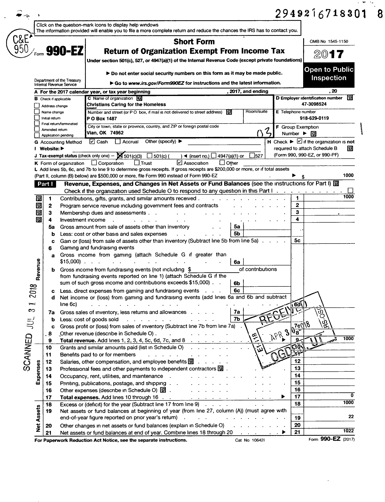 Image of first page of 2017 Form 990EZ for Christians Caring for the Homeless