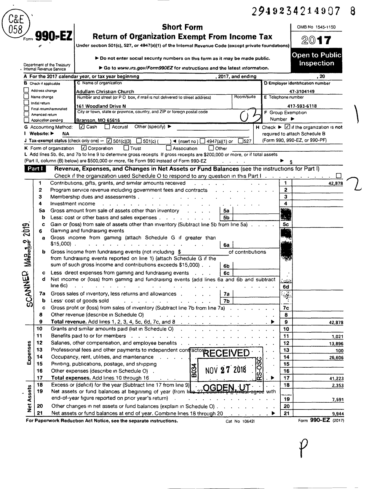 Image of first page of 2017 Form 990EZ for Adullam Christian Church