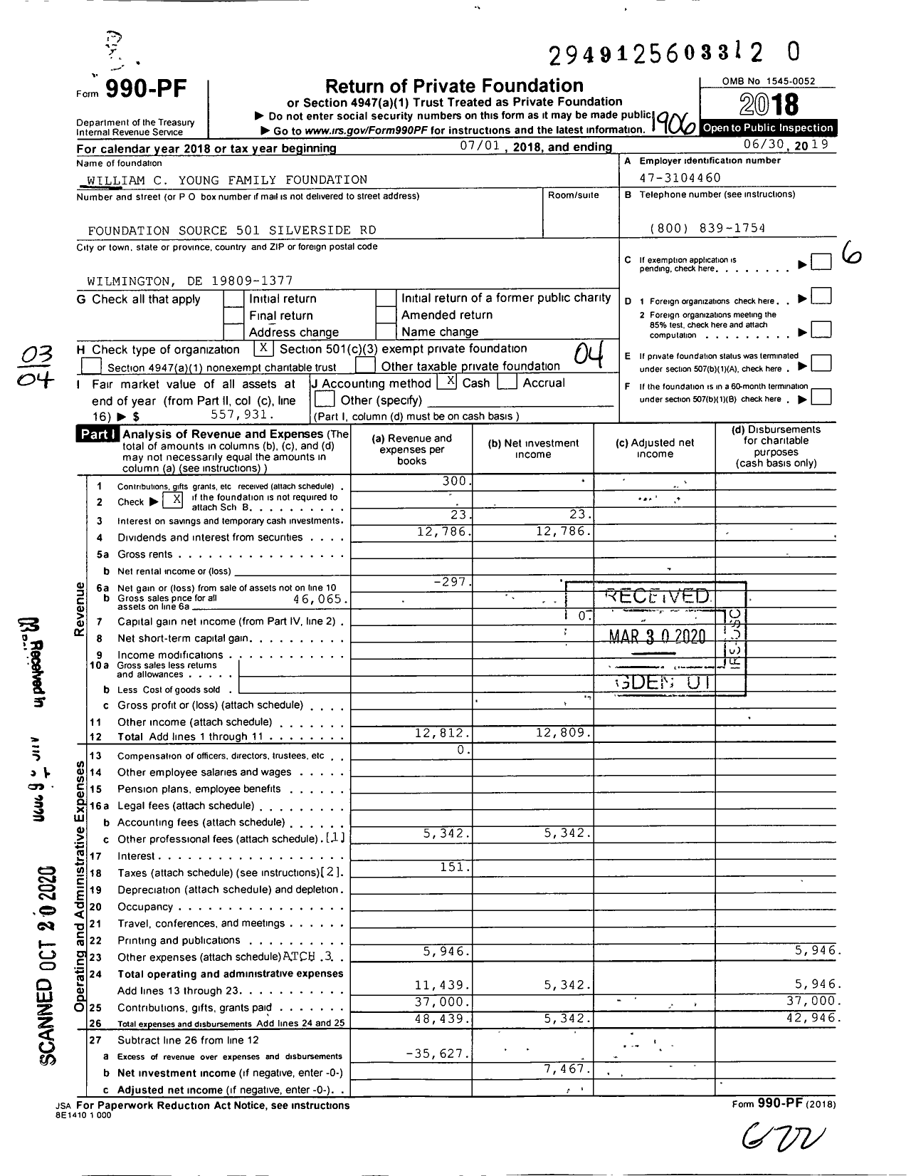 Image of first page of 2018 Form 990PR for William C Young Family Foundation