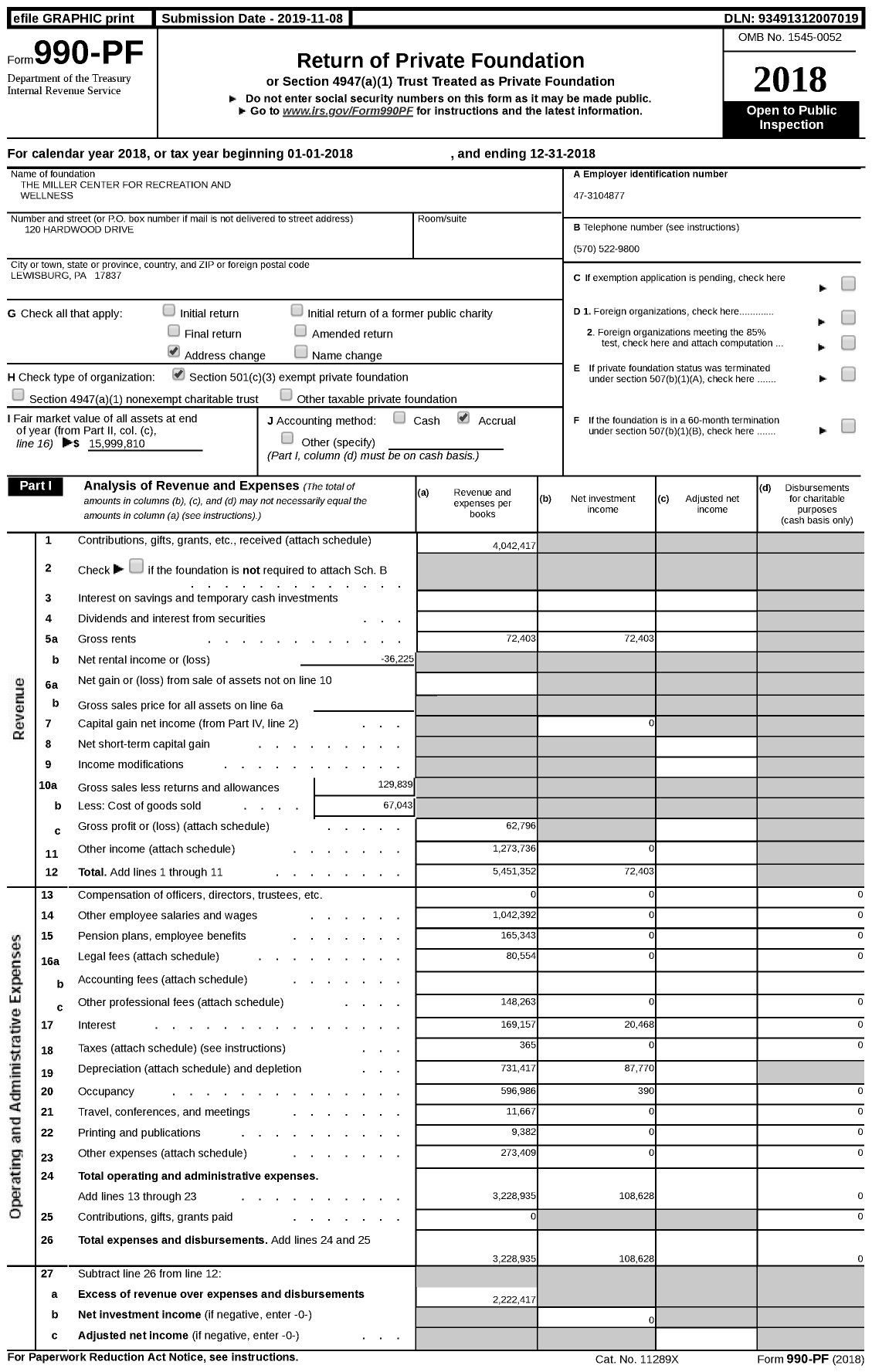 Image of first page of 2018 Form 990PF for The Miller Center for Recreation and Wellness