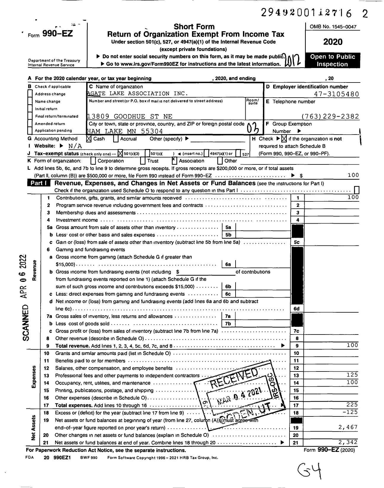 Image of first page of 2020 Form 990EZ for Agate Lake Association