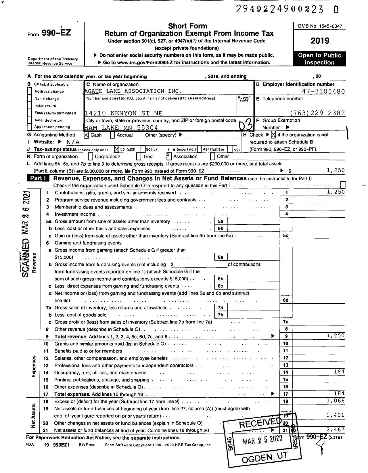 Image of first page of 2019 Form 990EZ for Agate Lake Association