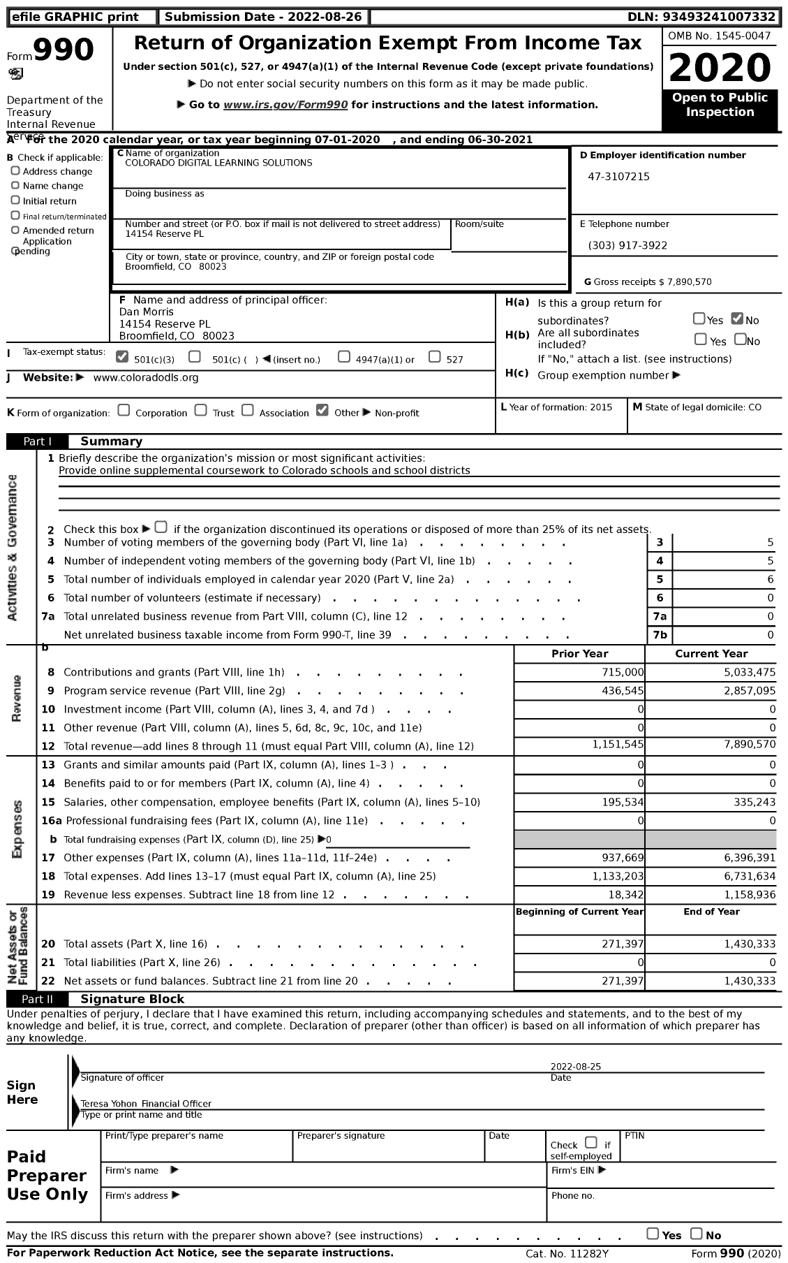 Image of first page of 2020 Form 990 for Colorado Digital Learning Solutions