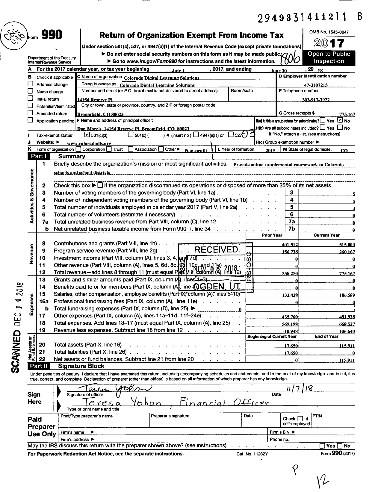 Image of first page of 2017 Form 990 for Colorado Digital Learning Solutions