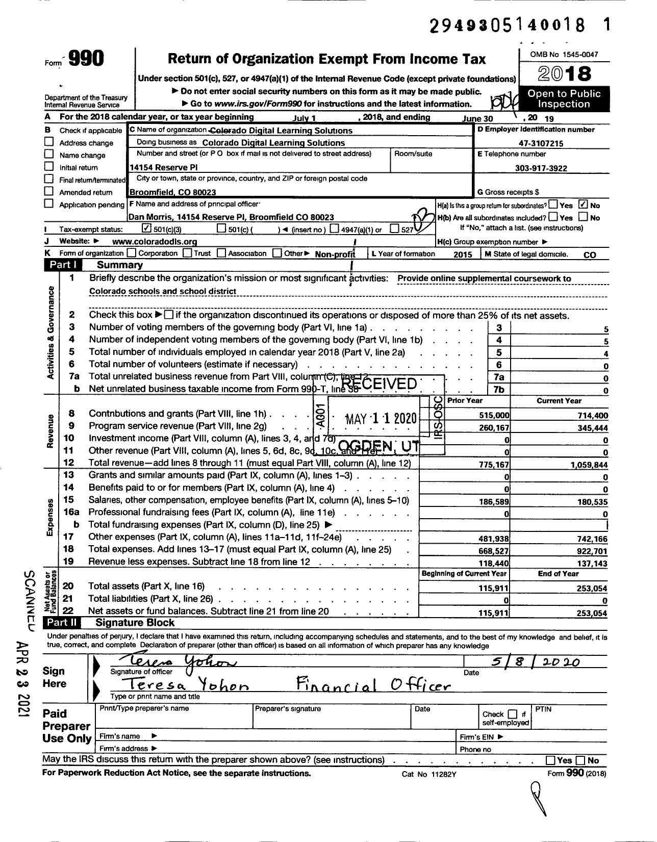 Image of first page of 2018 Form 990 for Colorado Digital Learning Solutions