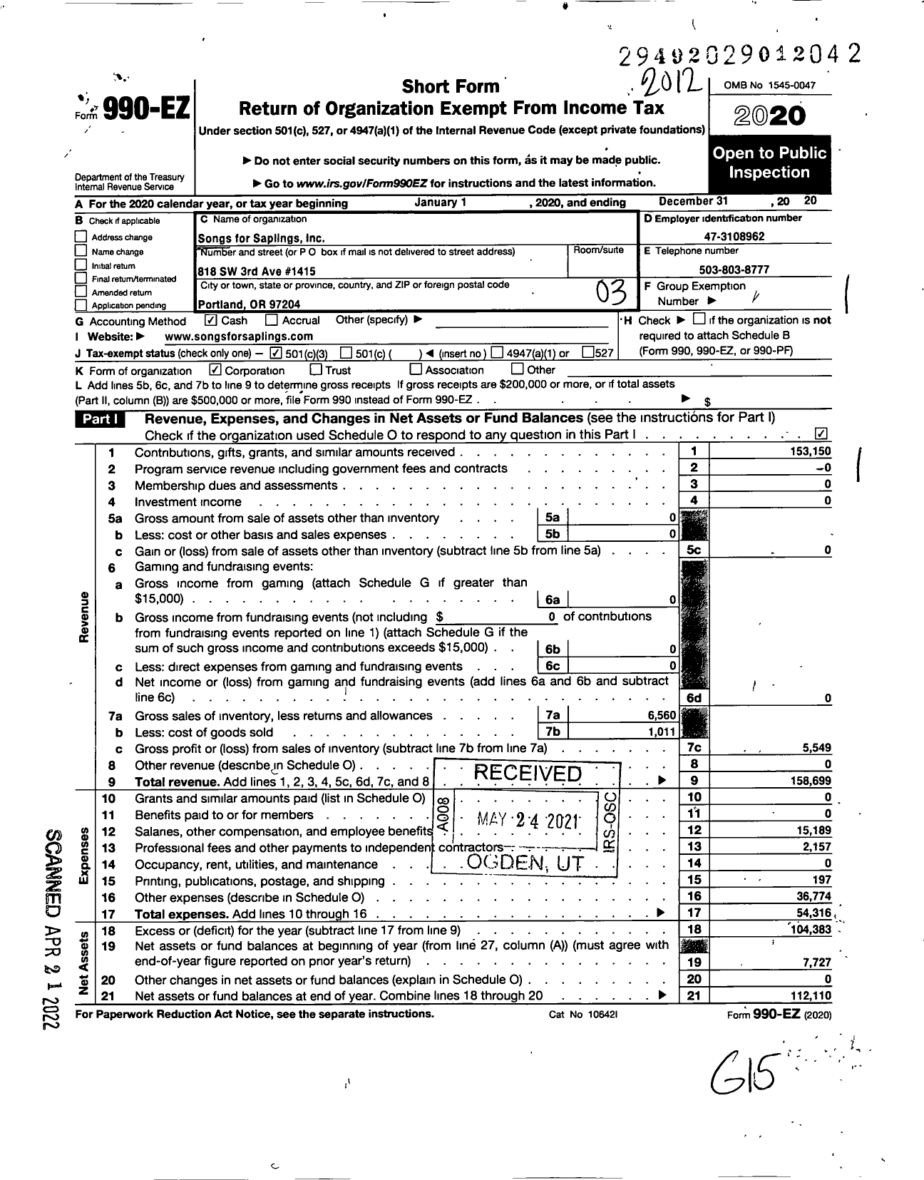 Image of first page of 2020 Form 990EZ for Songs for Saplings