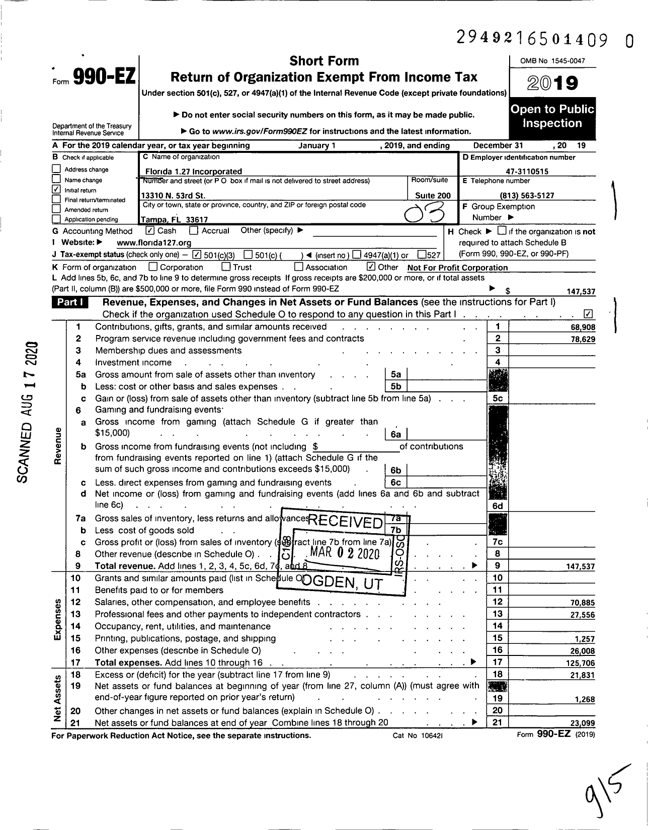 Image of first page of 2019 Form 990EZ for Florida 127