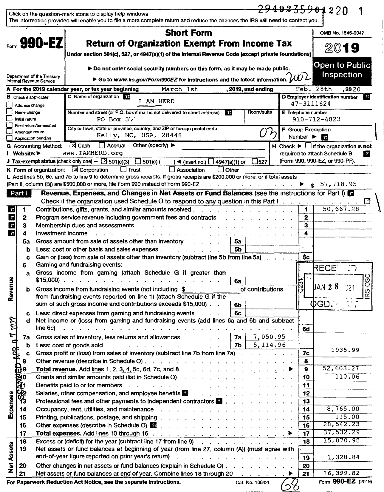 Image of first page of 2019 Form 990EZ for I Am Herd