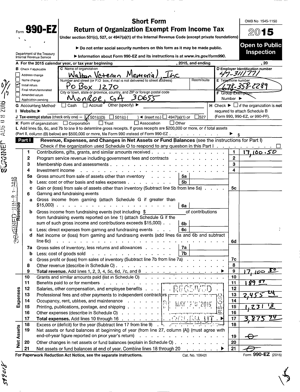 Image of first page of 2015 Form 990EZ for Walton Veteran Memorial