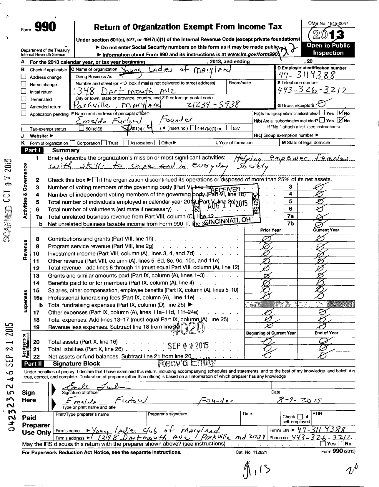 Image of first page of 2013 Form 990O for Young Ladies of Maryland