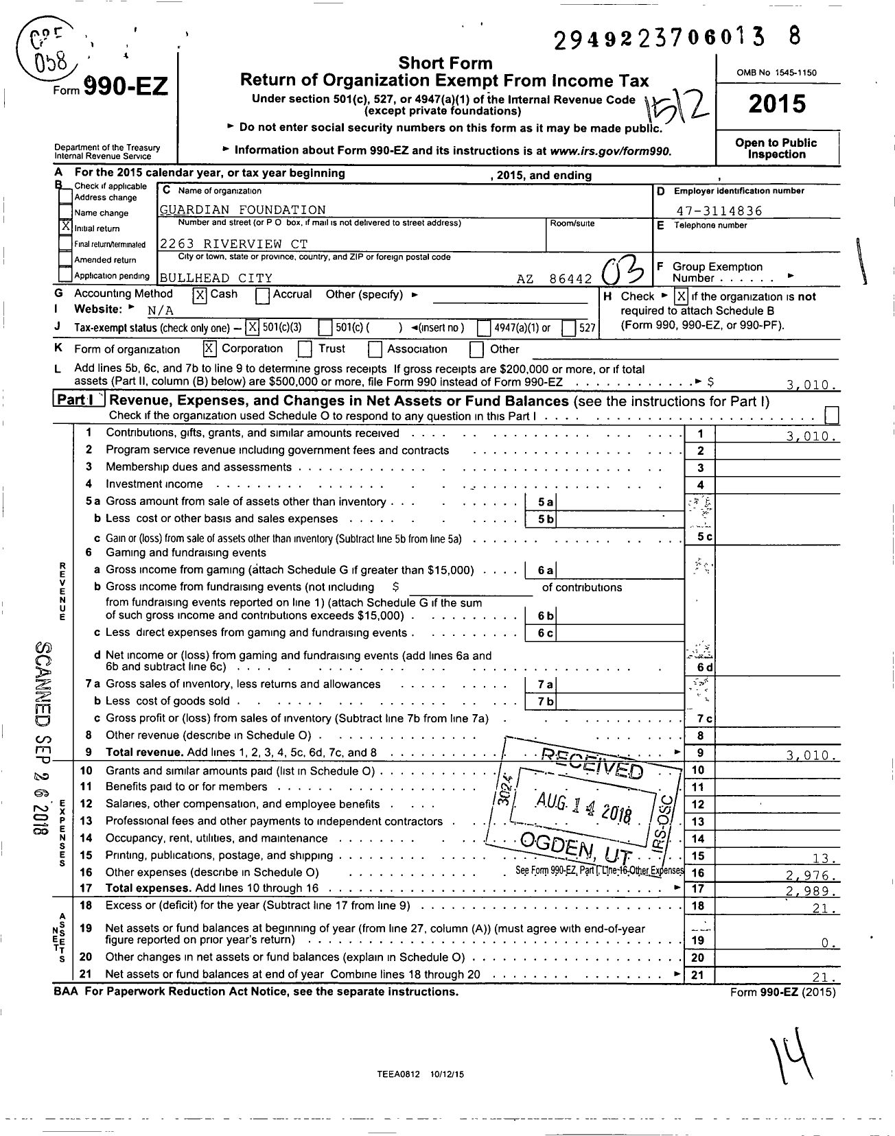 Image of first page of 2015 Form 990EZ for Guardian Foundation