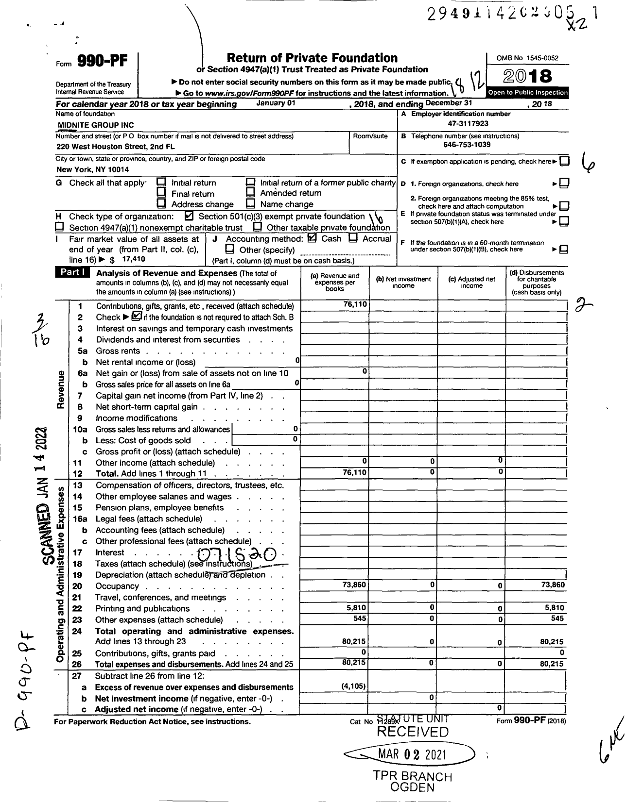 Image of first page of 2018 Form 990PF for Midnite Group