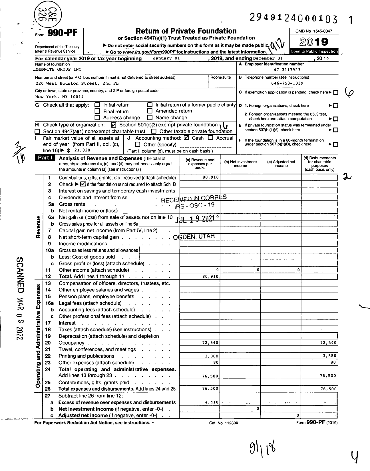 Image of first page of 2019 Form 990PF for Midnite Group