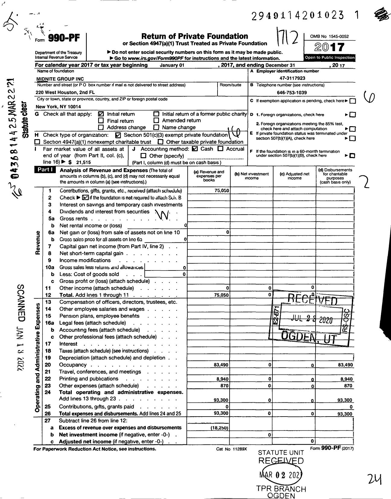 Image of first page of 2017 Form 990PF for Midnite Group