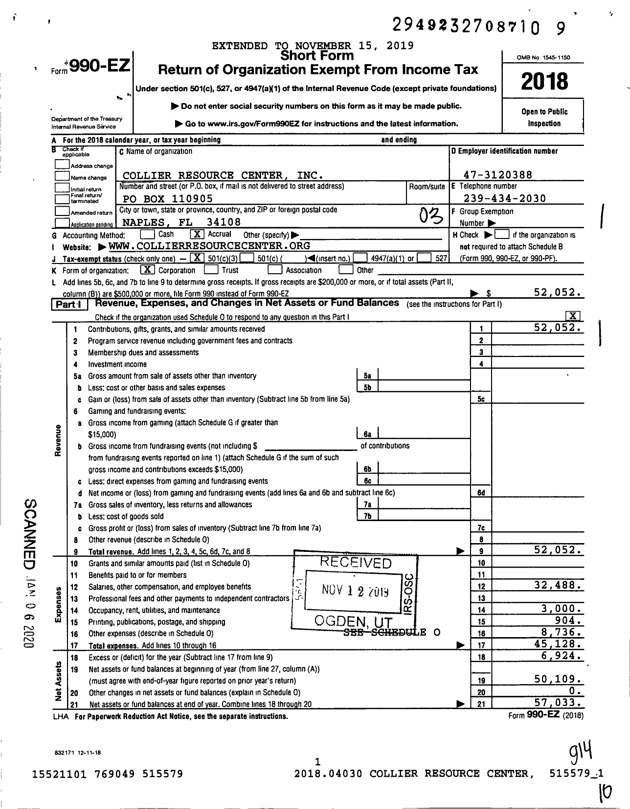 Image of first page of 2018 Form 990EZ for Collier Resource Center