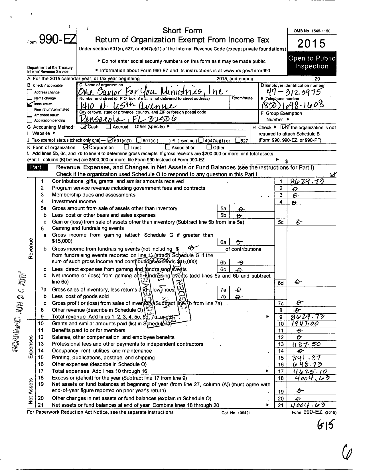 Image of first page of 2015 Form 990EZ for One Savior for You Ministries