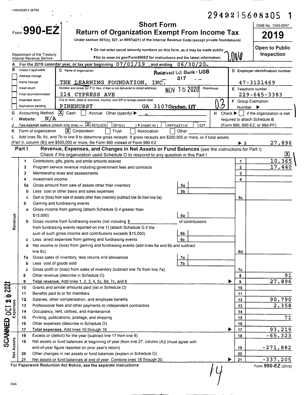 Image of first page of 2019 Form 990EZ for The Learning Foundation