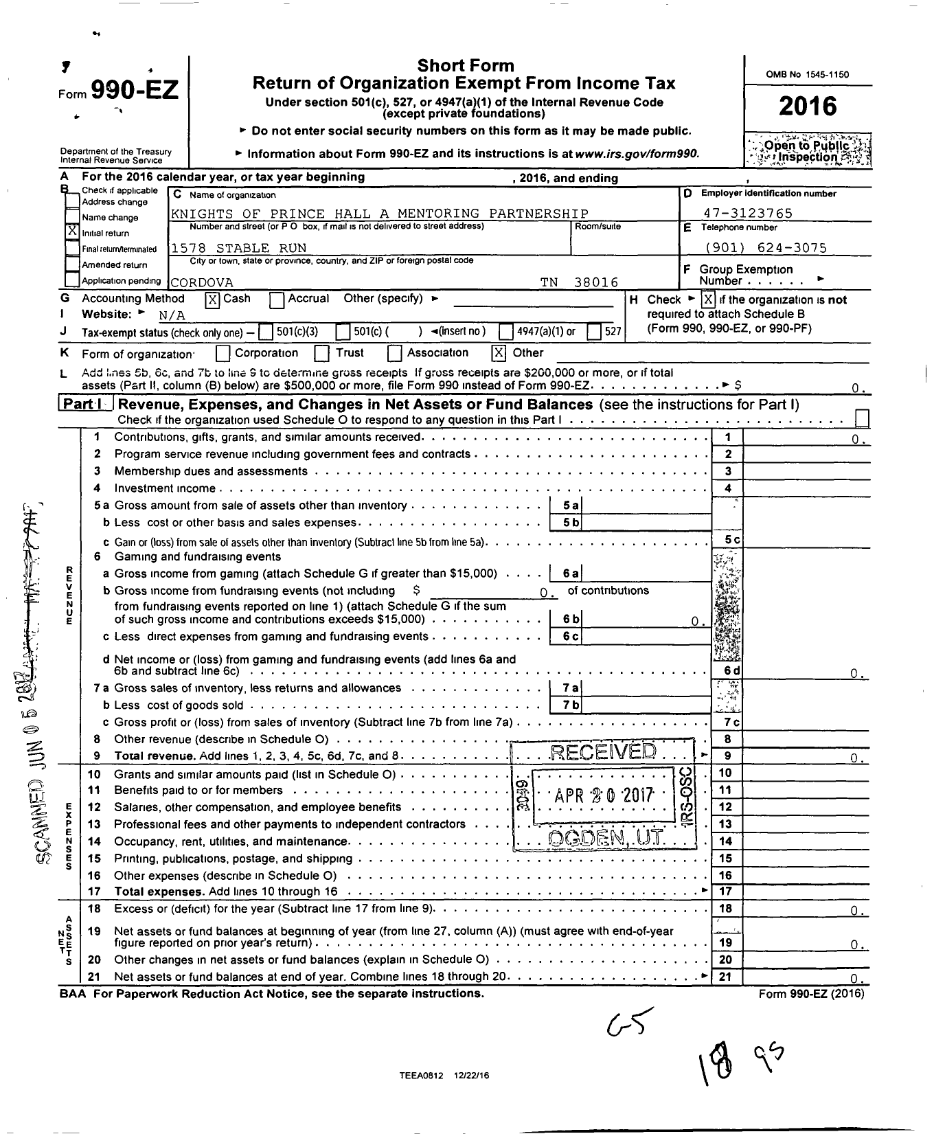 Image of first page of 2016 Form 990EO for Knights of Prince Hall A Mentoring Partnership