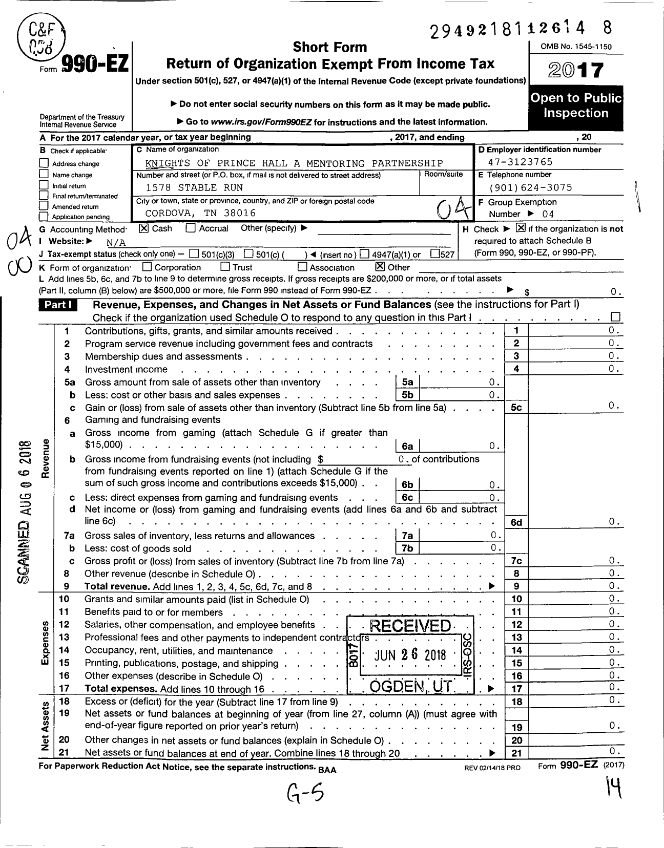 Image of first page of 2017 Form 990EO for Knights of Prince Hall A Mentoring Partnership