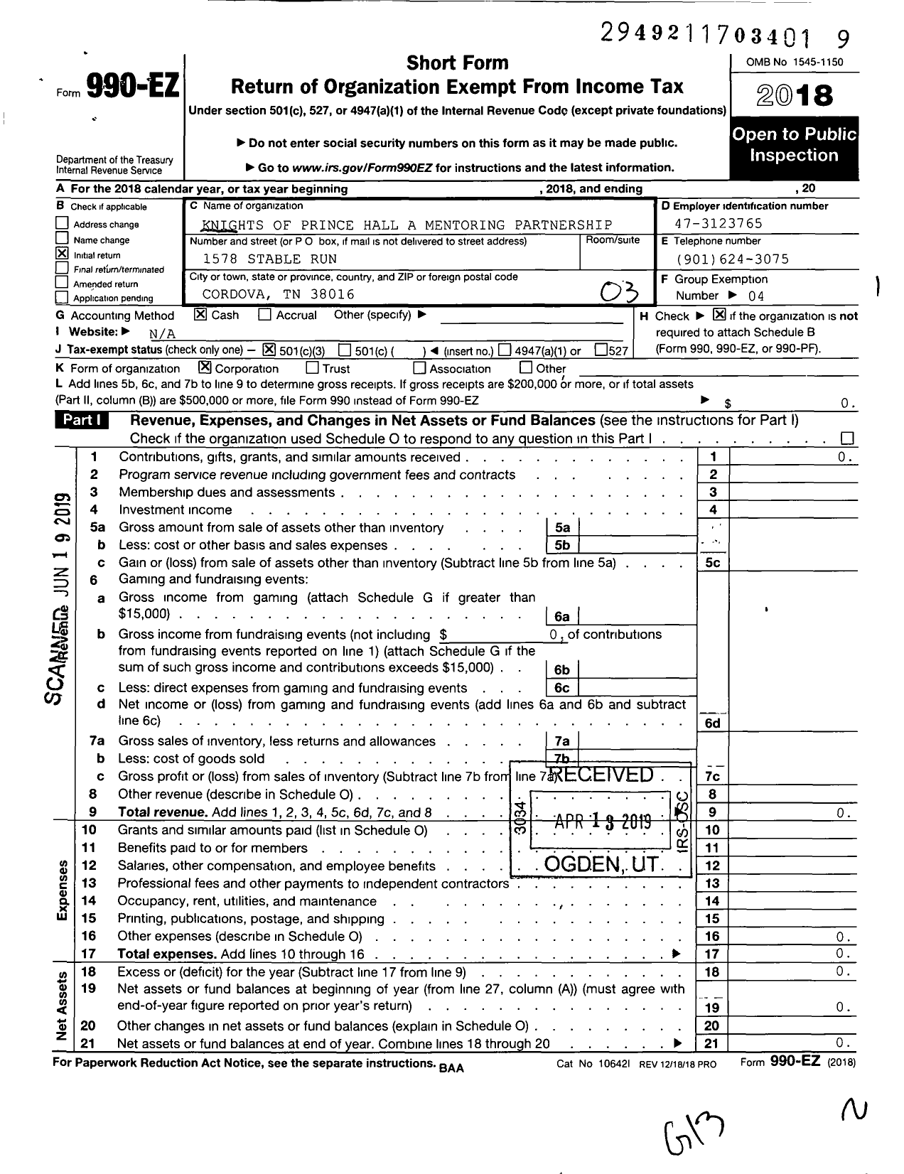 Image of first page of 2018 Form 990EZ for Knights of Prince Hall A Mentoring Partnership