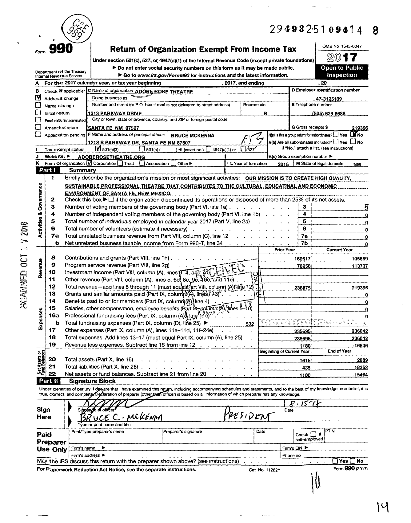 Image of first page of 2017 Form 990 for Adobe Rose Theatre