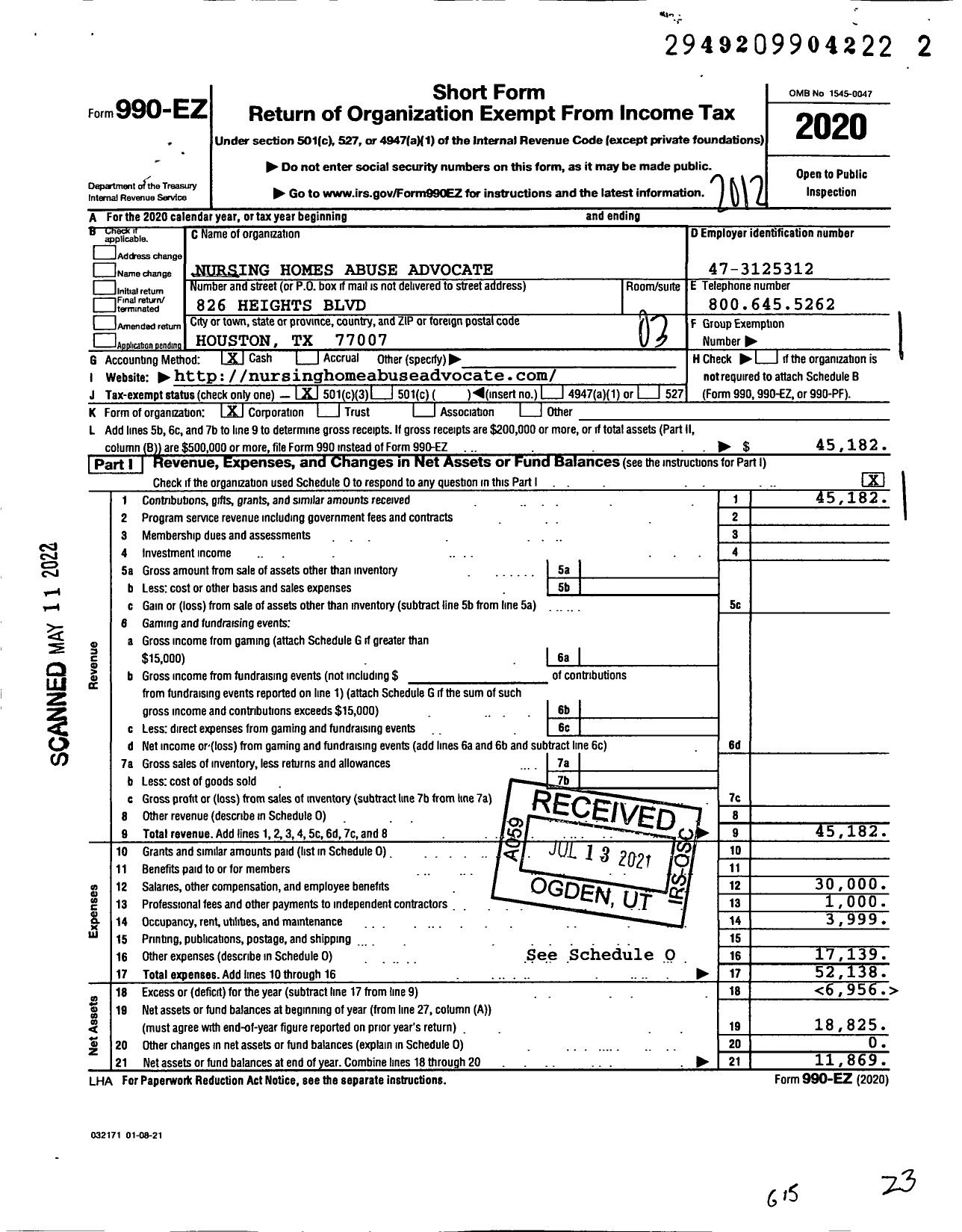 Image of first page of 2020 Form 990EZ for Nursing Homes Abuse Advocate