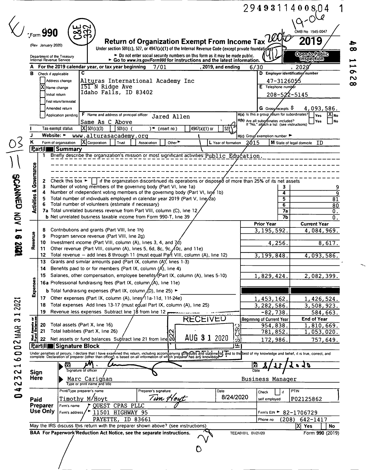Image of first page of 2019 Form 990 for Alturas International Academy