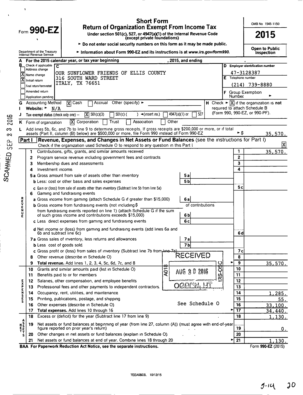 Image of first page of 2015 Form 990EZ for Our Sunflower Friends of Ellis County