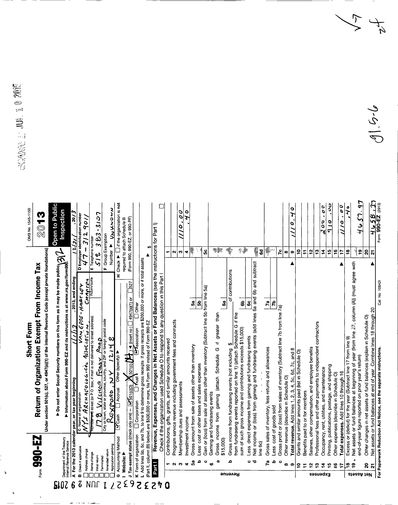 Image of first page of 2013 Form 990EO for New York State Archaeological Association Van Epps-Hartley