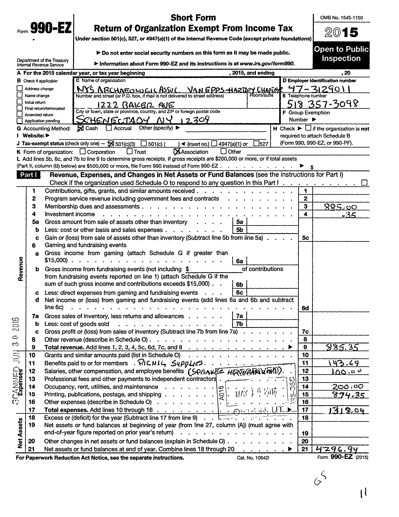 Image of first page of 2015 Form 990EZ for New York State Archaeological Association Van Epps-Hartley