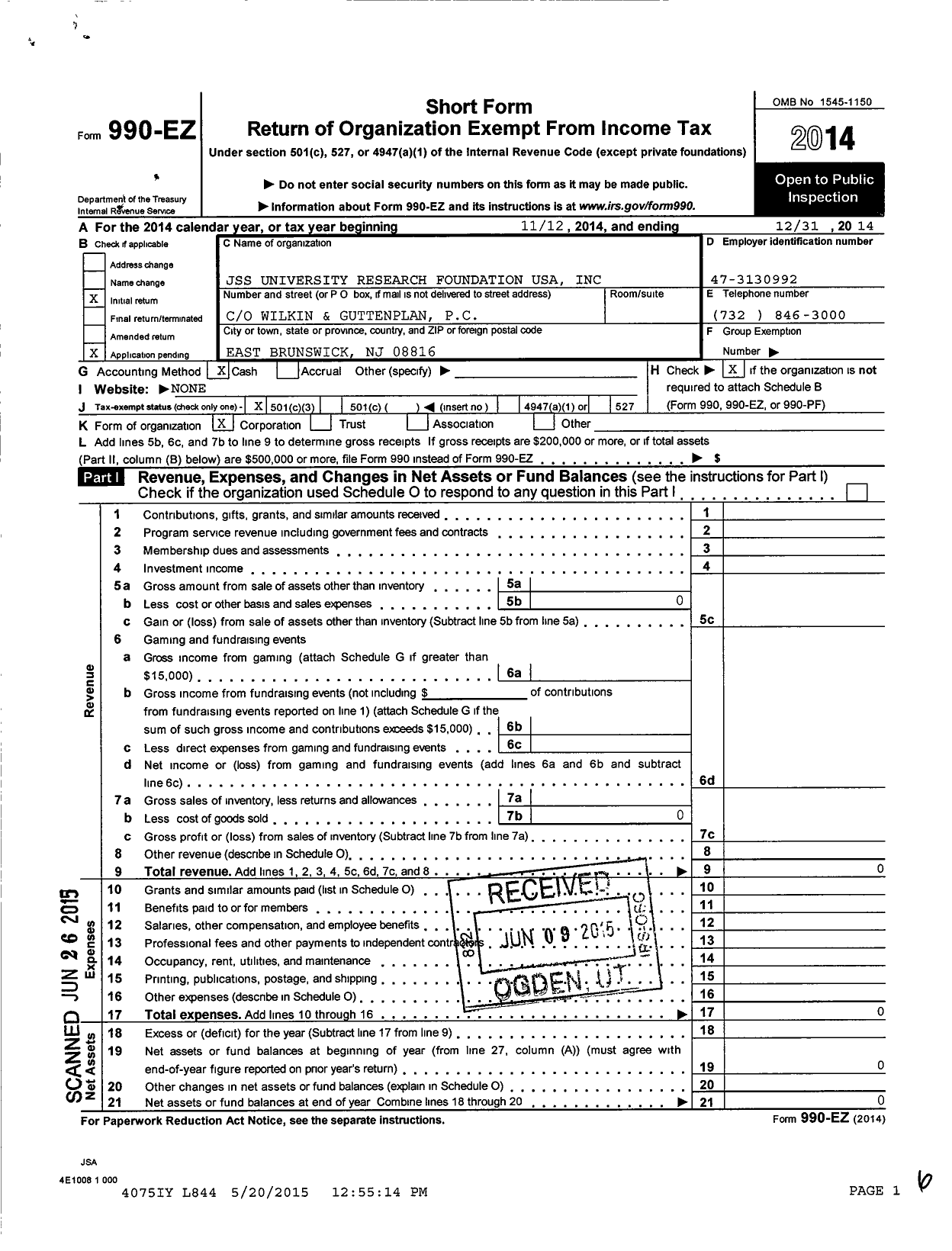 Image of first page of 2014 Form 990EZ for JSS Research Foundation USA