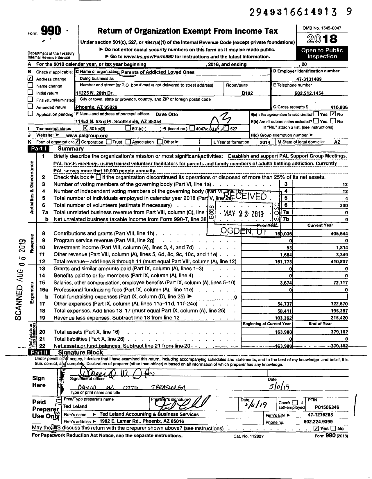 Image of first page of 2018 Form 990 for Parents of Addicted Loved Ones