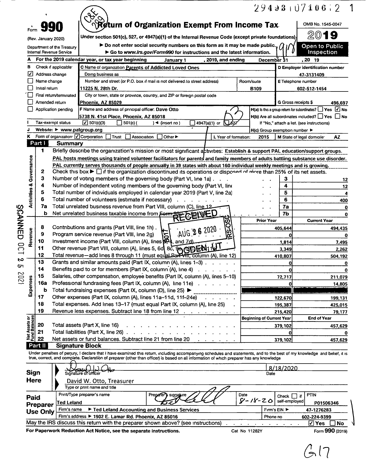 Image of first page of 2019 Form 990 for Parents of Addicted Loved Ones