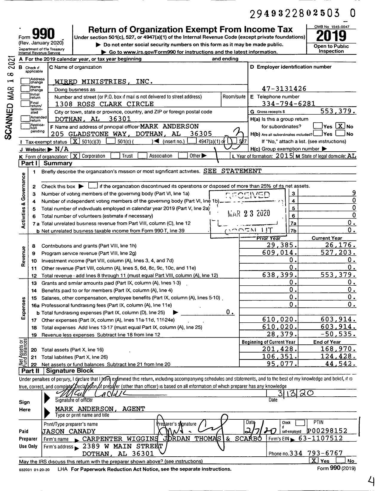 Image of first page of 2019 Form 990 for Wired Ministries