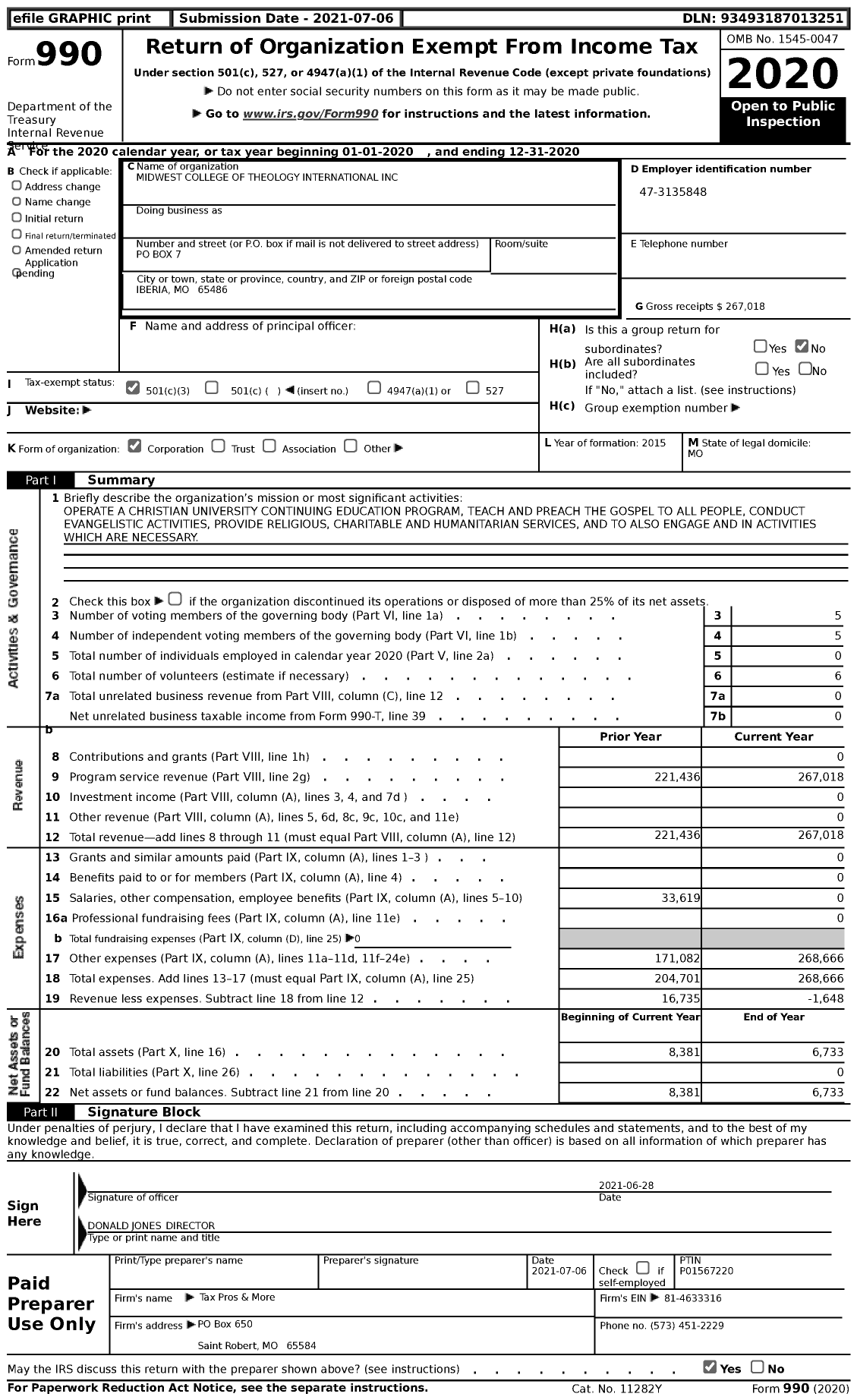 Image of first page of 2020 Form 990 for Midwest College of Theology International