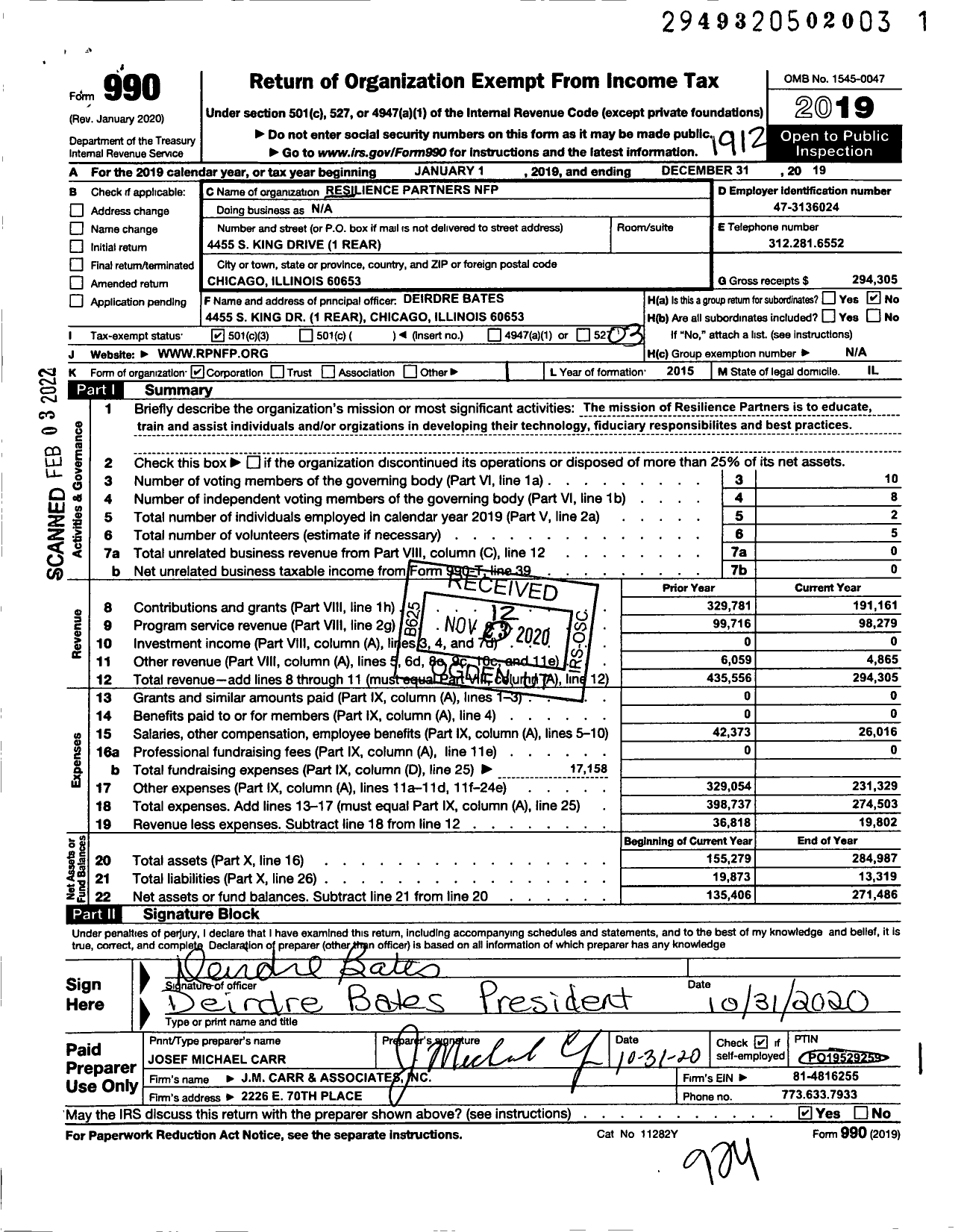 Image of first page of 2019 Form 990 for Resilience Partners NFP