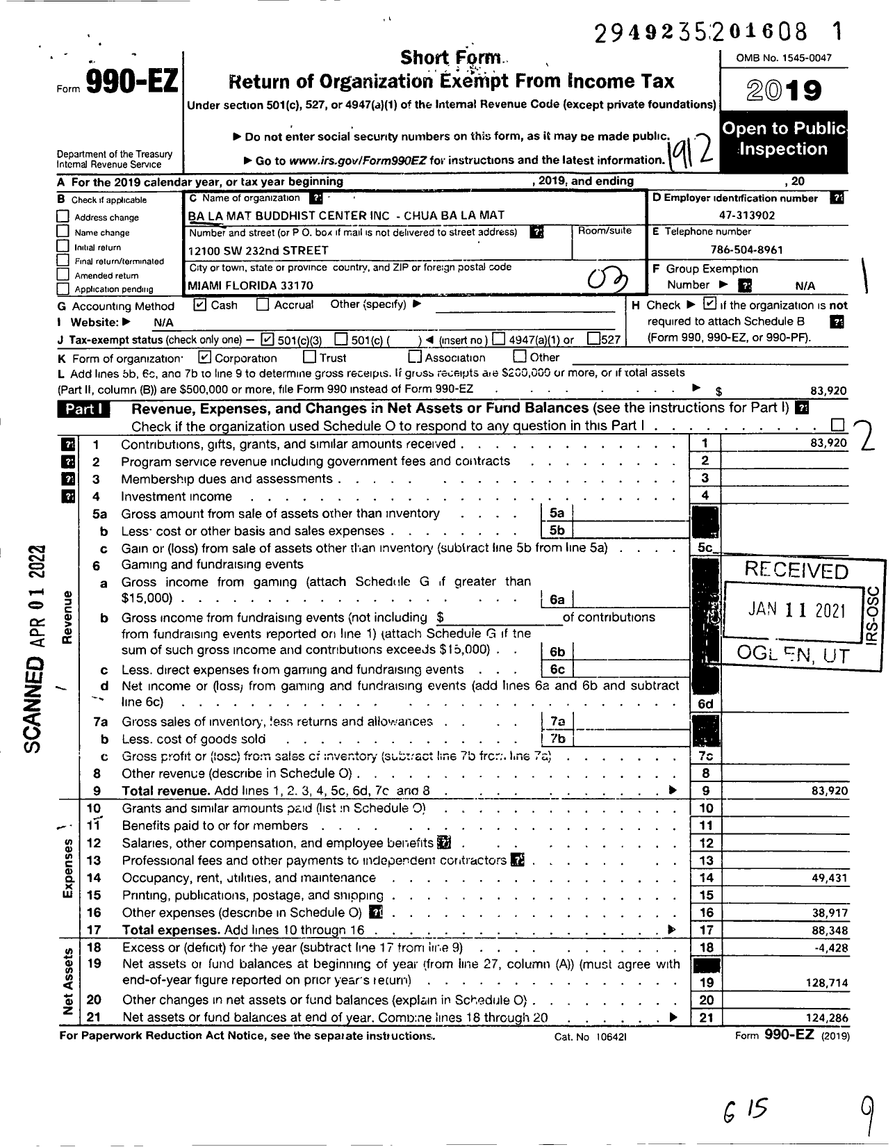 Image of first page of 2019 Form 990EZ for Ba La Mat Buddhist Center - Chua Ba La Mat