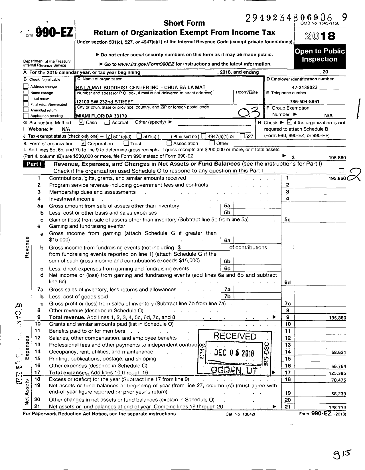 Image of first page of 2018 Form 990EZ for Ba La Mat Buddhist Center - Chua Ba La Mat