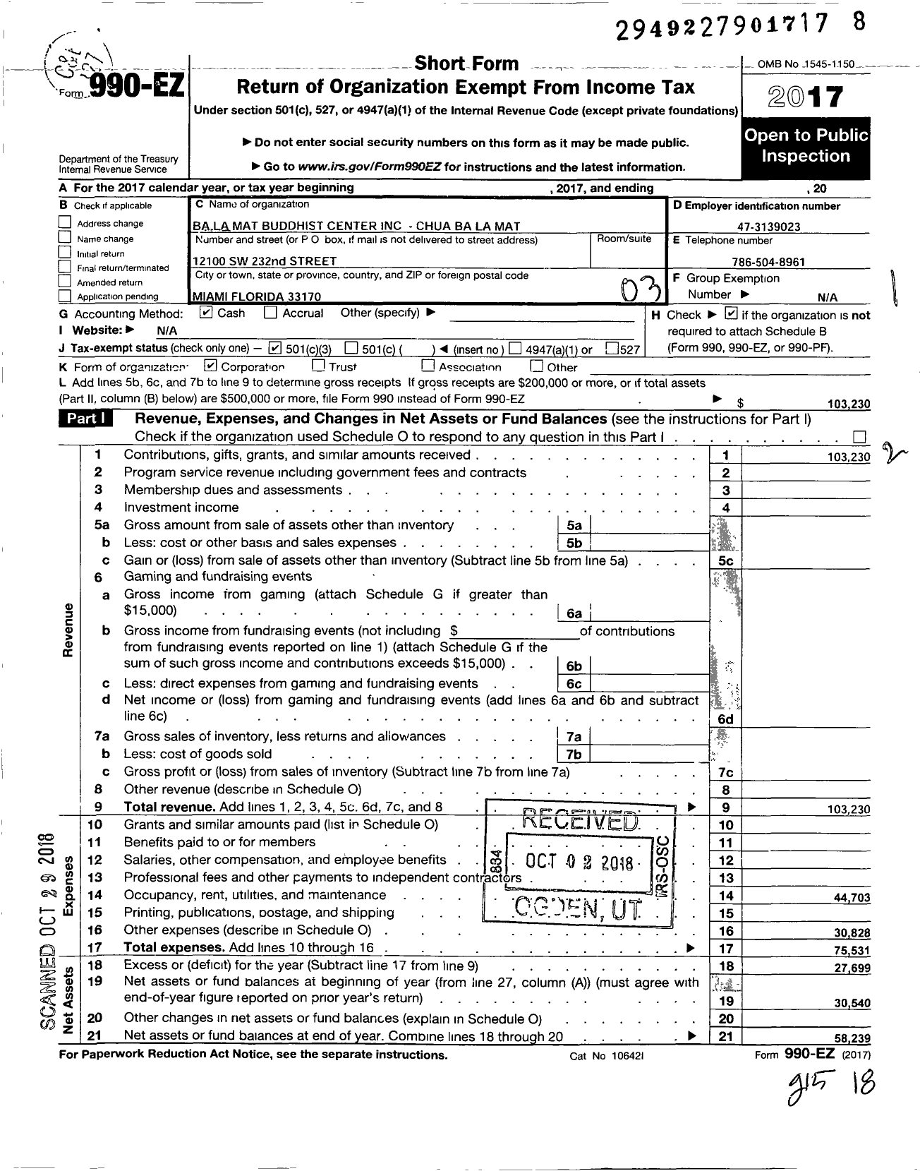 Image of first page of 2017 Form 990EZ for Ba La Mat Buddhist Center - Chua Ba La Mat