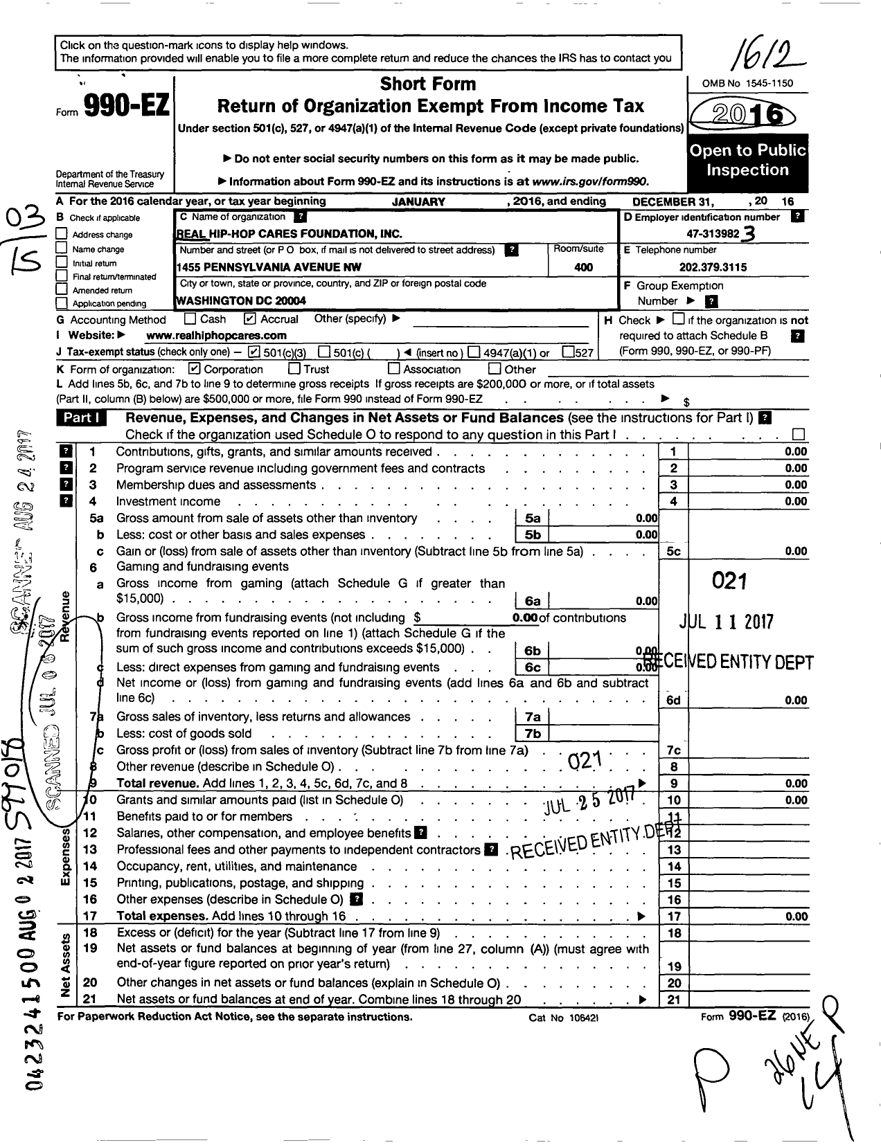 Image of first page of 2016 Form 990EZ for Real Hip-Hop Cares Foundation