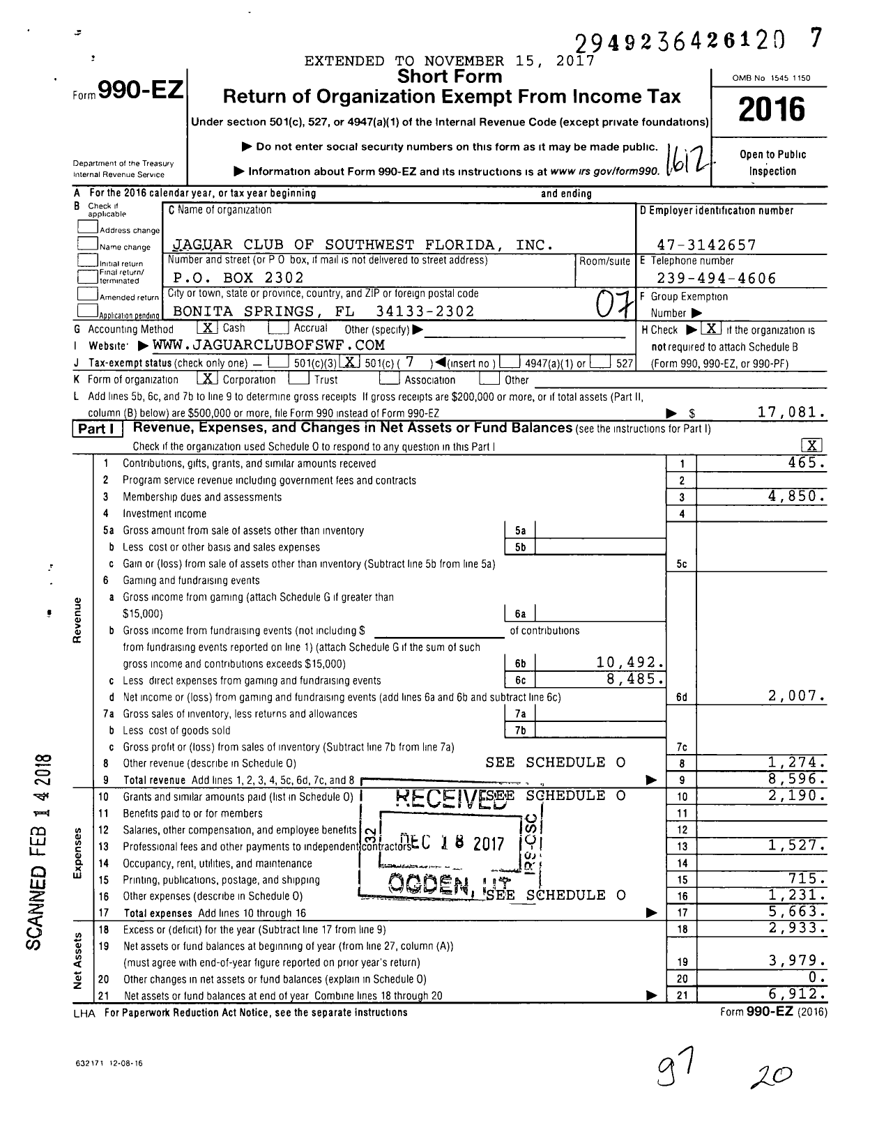 Image of first page of 2016 Form 990EO for Jaguar Club of Southwest Florida