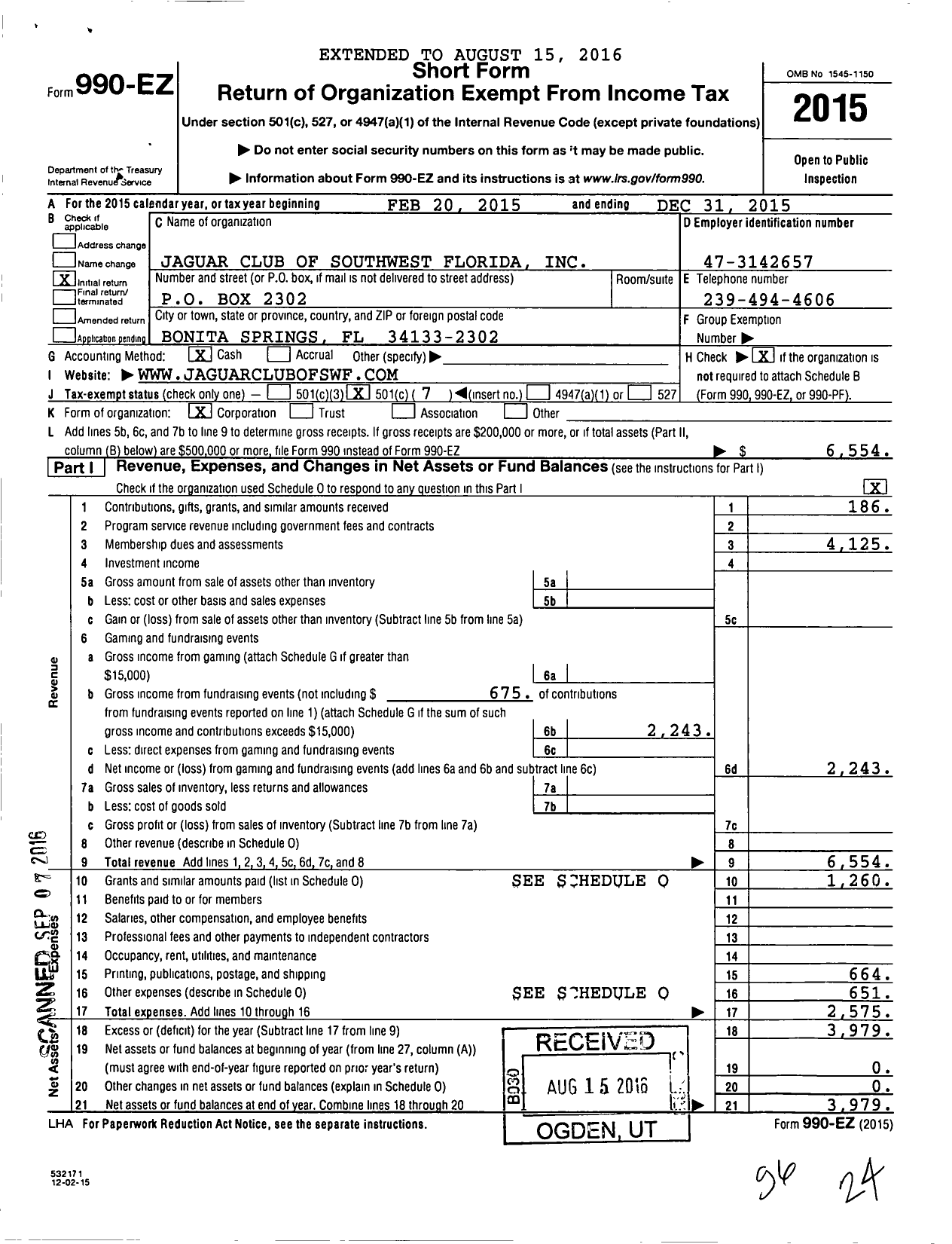 Image of first page of 2015 Form 990EO for Jaguar Club of Southwest Florida