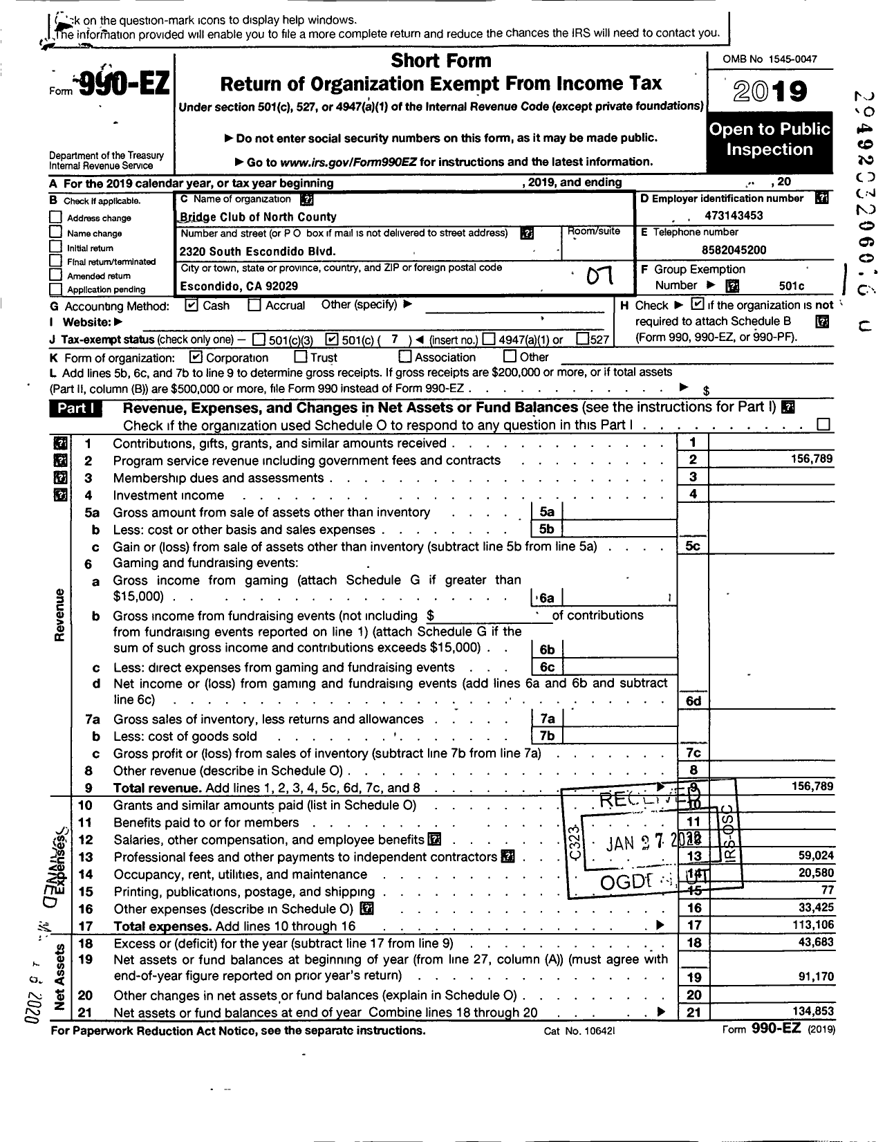 Image of first page of 2019 Form 990EO for Bridge Club of North County