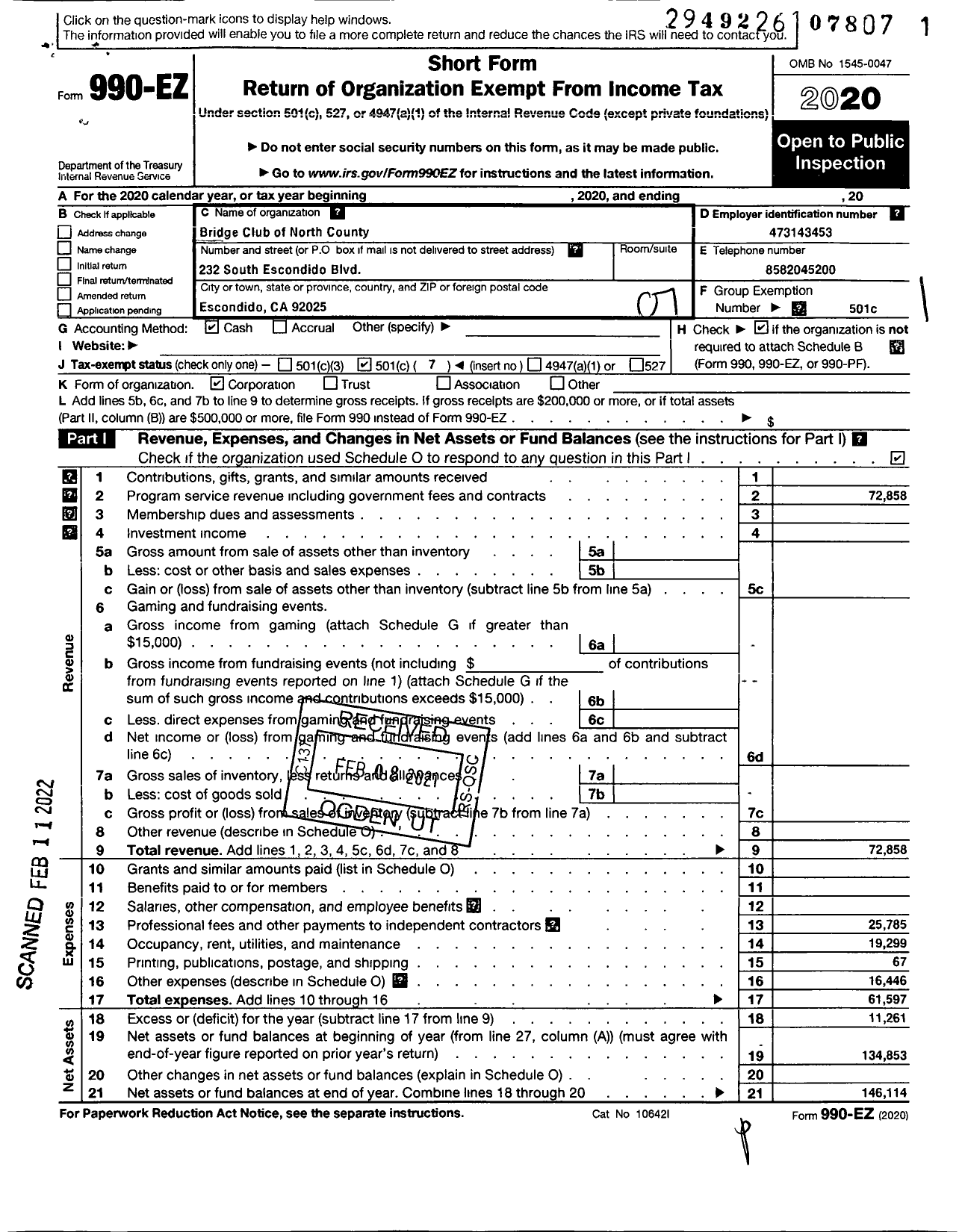 Image of first page of 2020 Form 990EO for Bridge Club of North County