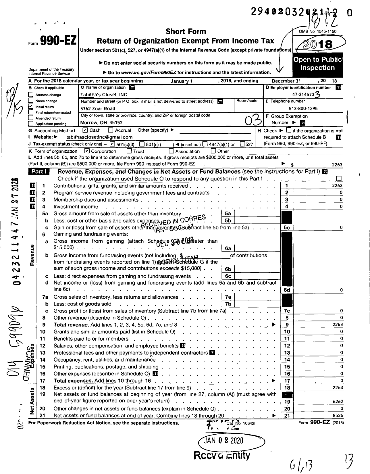 Image of first page of 2018 Form 990EZ for Tabithas Closet