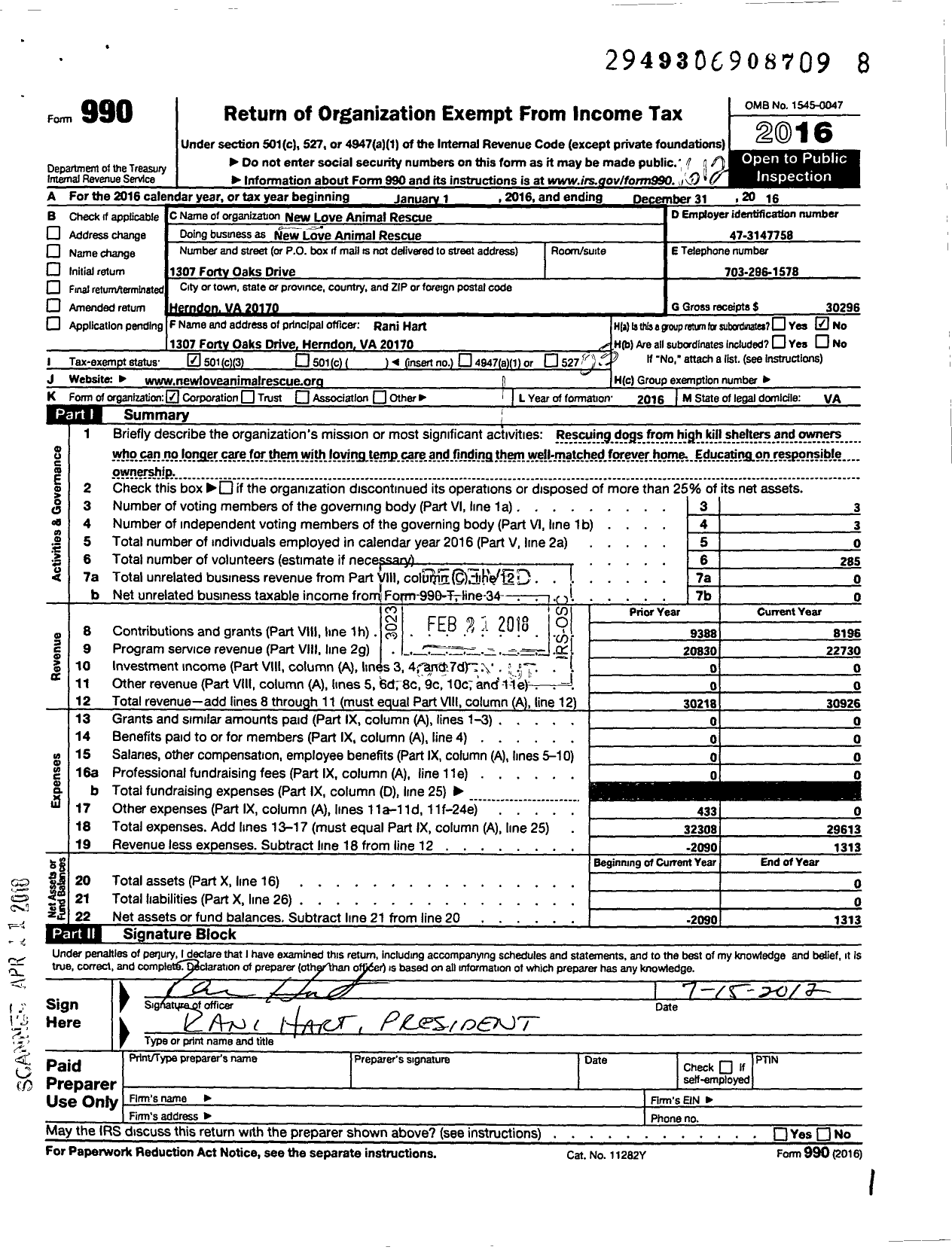 Image of first page of 2016 Form 990 for New Love Animal Rescue