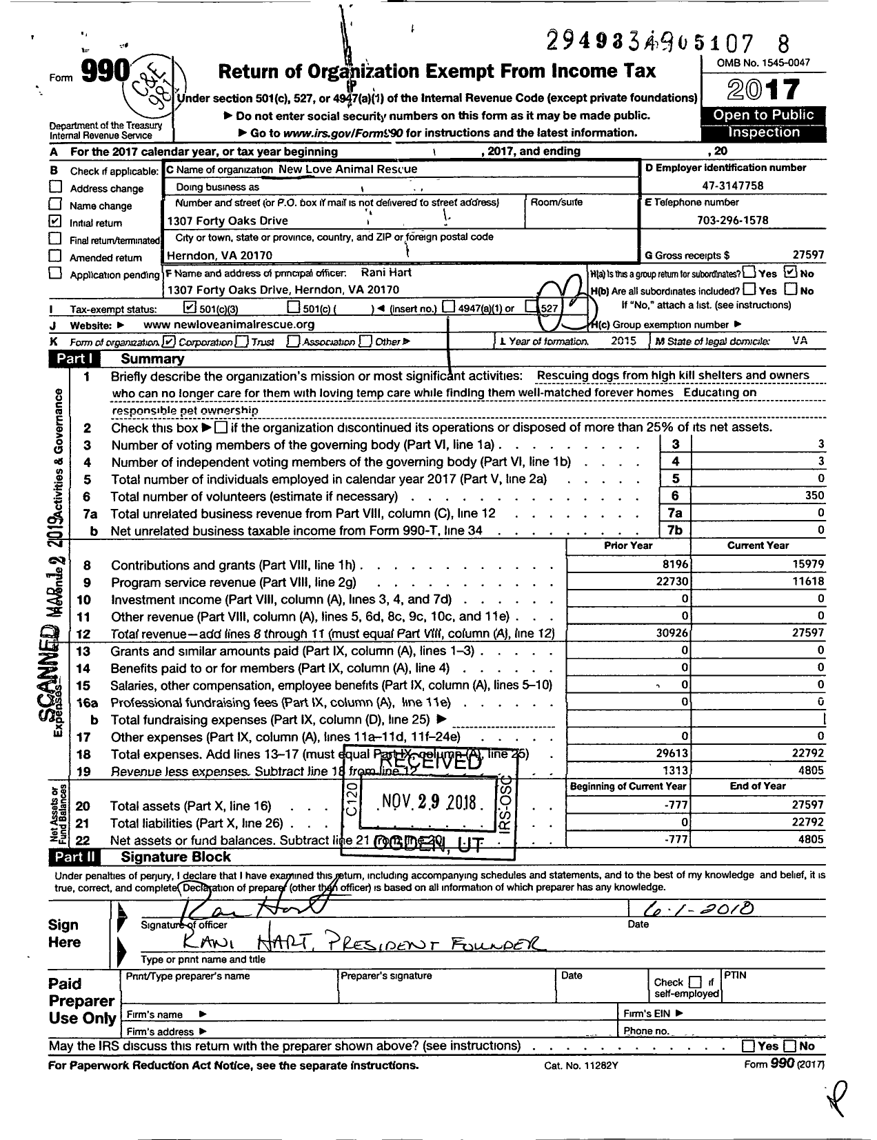 Image of first page of 2017 Form 990 for New Love Animal Rescue