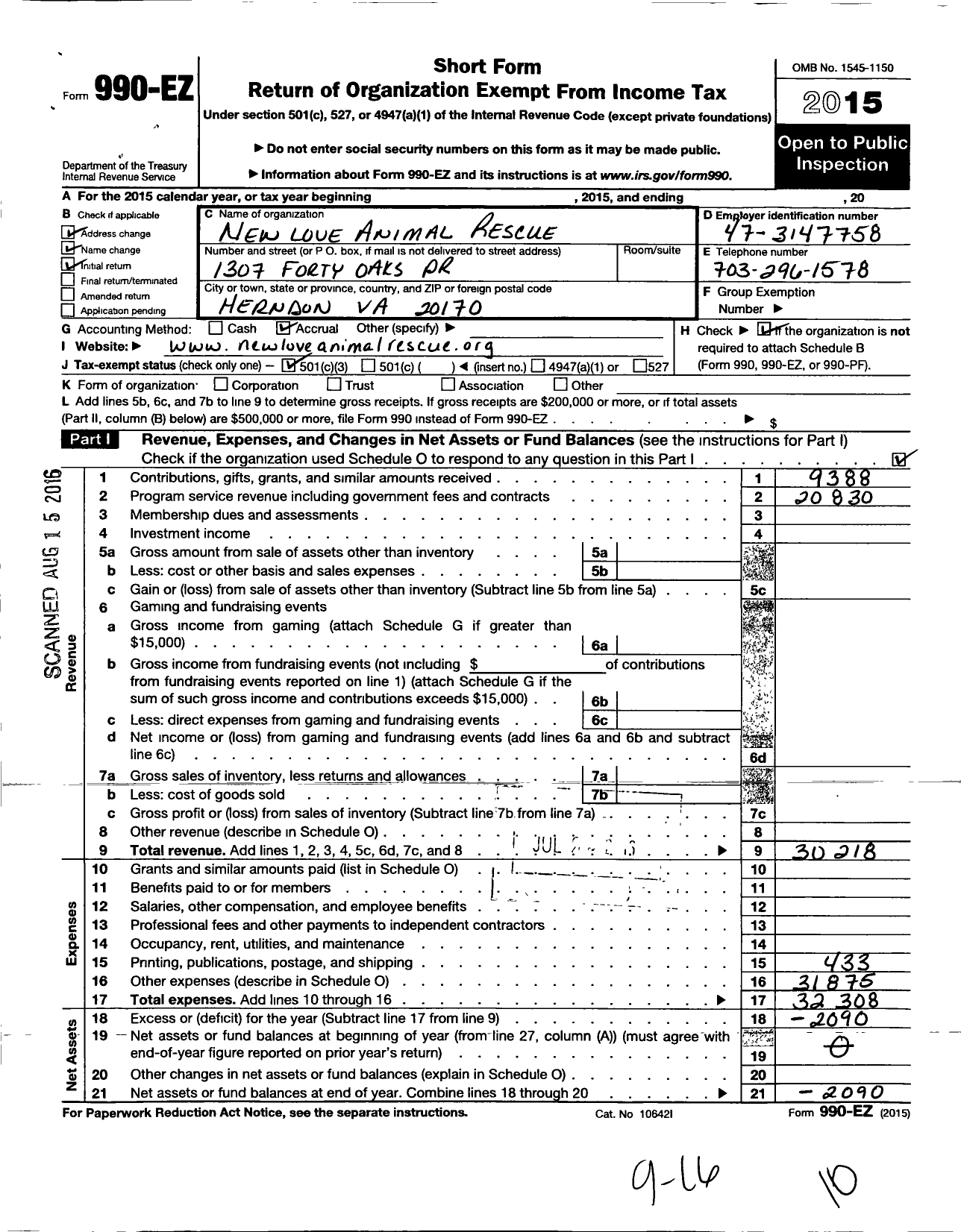 Image of first page of 2015 Form 990EZ for New Love Animal Rescue